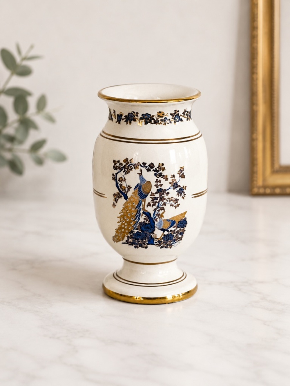 Peacock Porcelain Vase Hand Made in Greece 24K Gold Rim | White Vase | Blue Vase